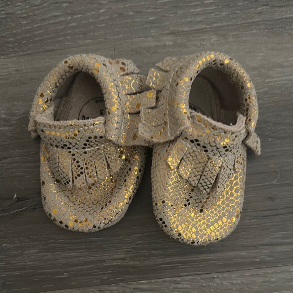Gold Moccasins with Fringe and Beadwork